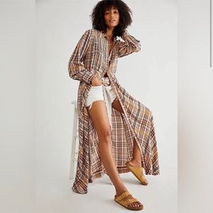 FP Free People Plaid Button Down Front Long Sleeve Maxi Dress Size Small